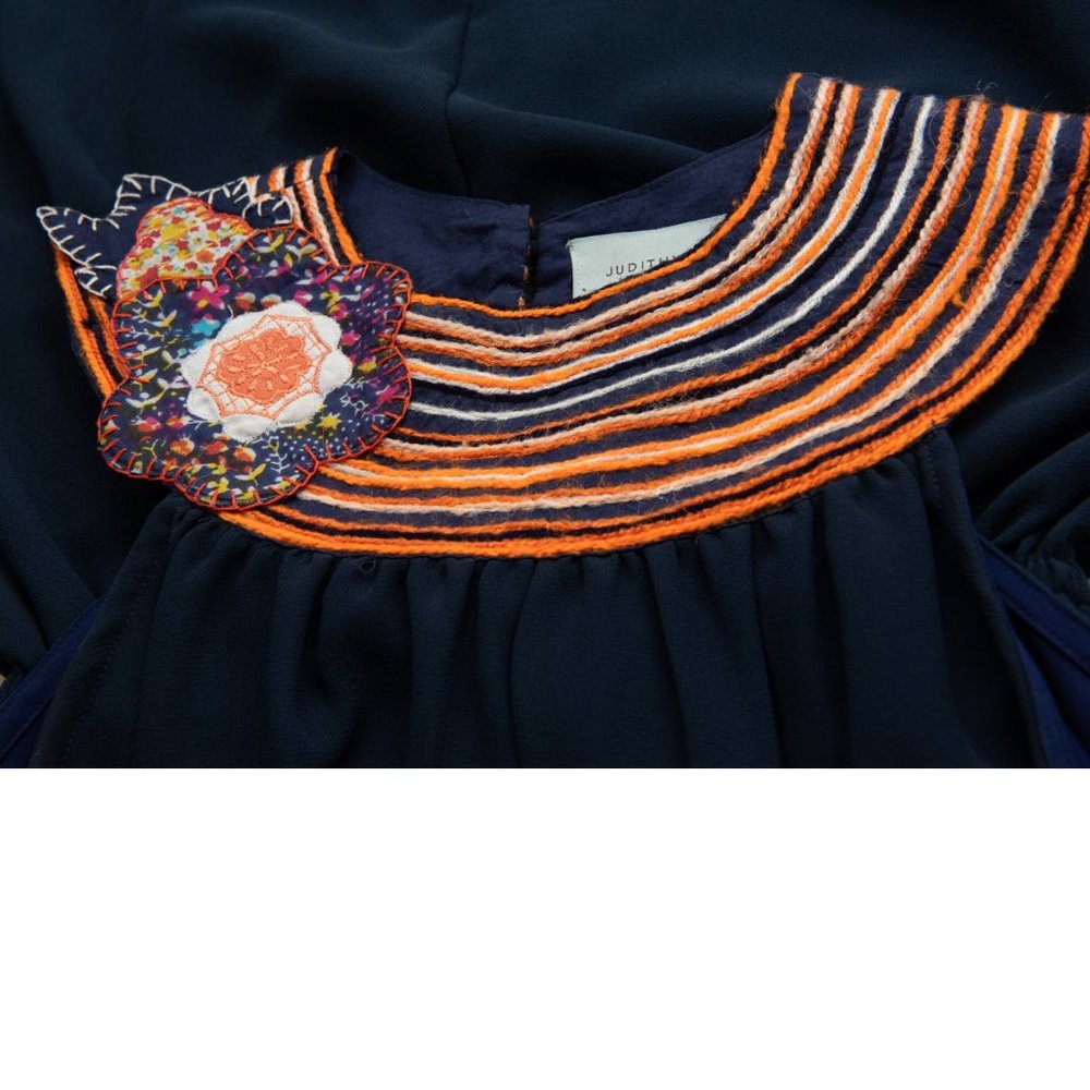 Judith March Blouson Dress Flower Appliqué Yarn Neckline Multicolor Blue Medium - Picture 3 of 7
